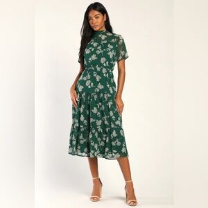 Floral Dressed Up Dark Green Floral Print Midi Dress